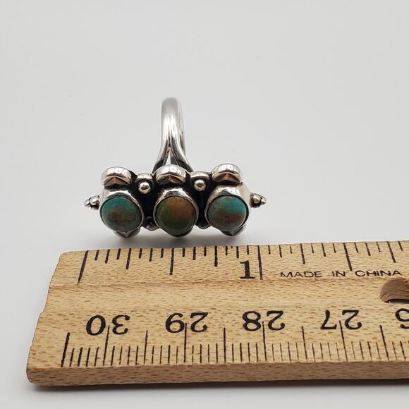 925 Sterling Silver Green Turquoise Trilogy Artisan Ring Size 6 - Picture 6 of 9